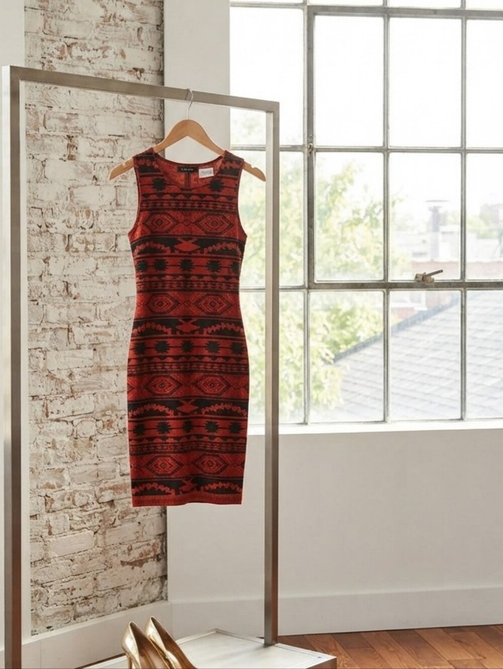 Sleeveless Aztec-Print Orange Midi Dress